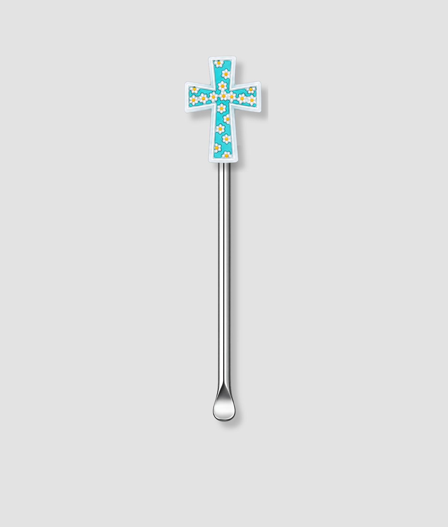 Zilveren mini schepje met blauw kruis figuur bovenop