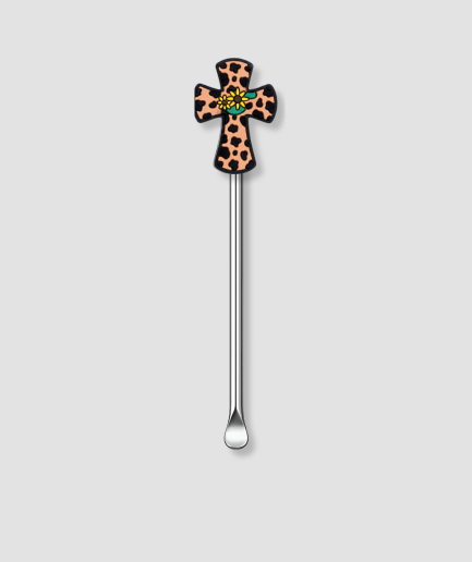 Zilveren mini schepje met luipaardprint kruis figuur bovenop