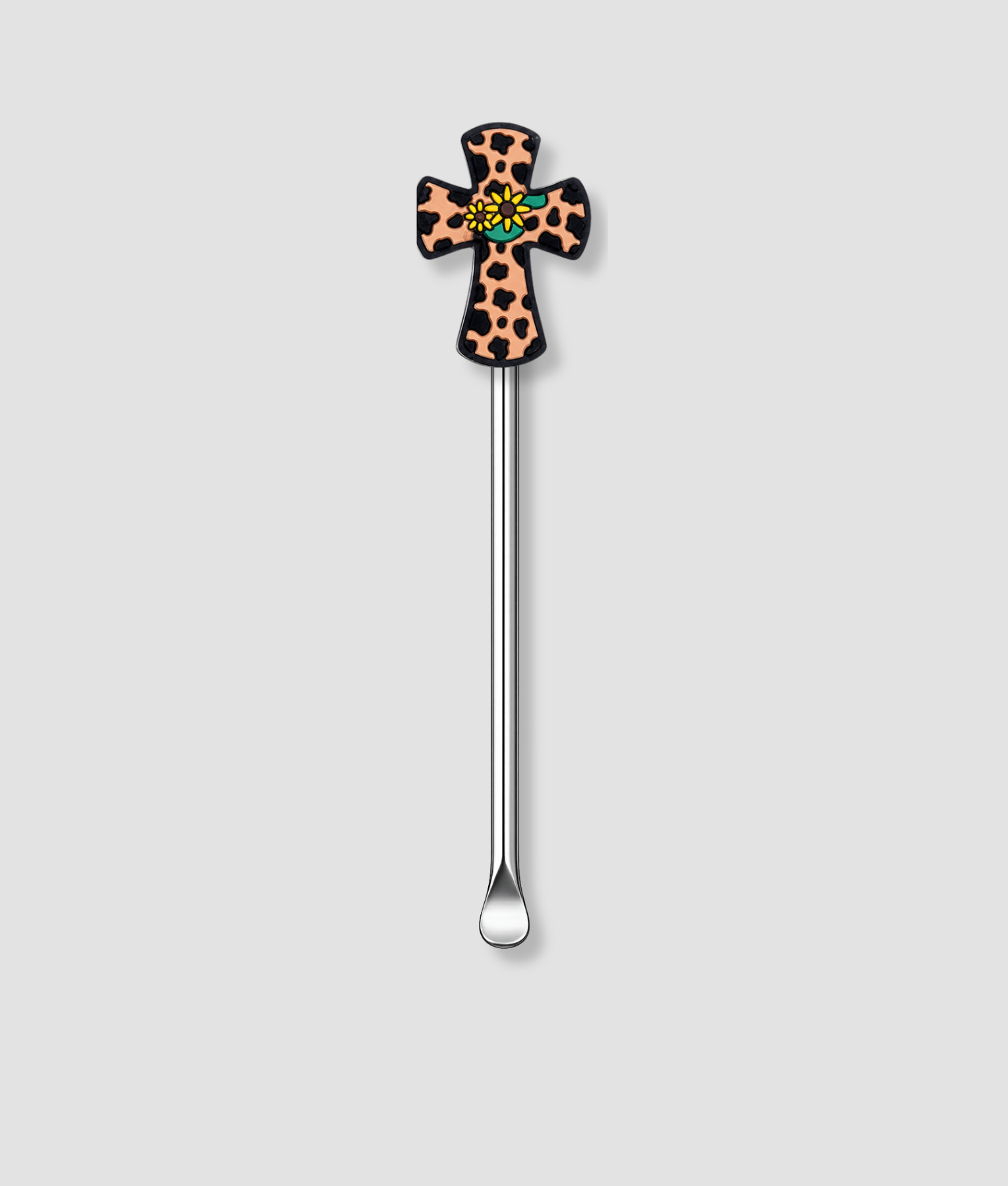 Zilveren mini schepje met luipaardprint kruis figuur bovenop