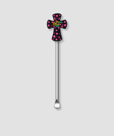 Zilveren mini schepje met zwart-roze kruis figuur bovenop