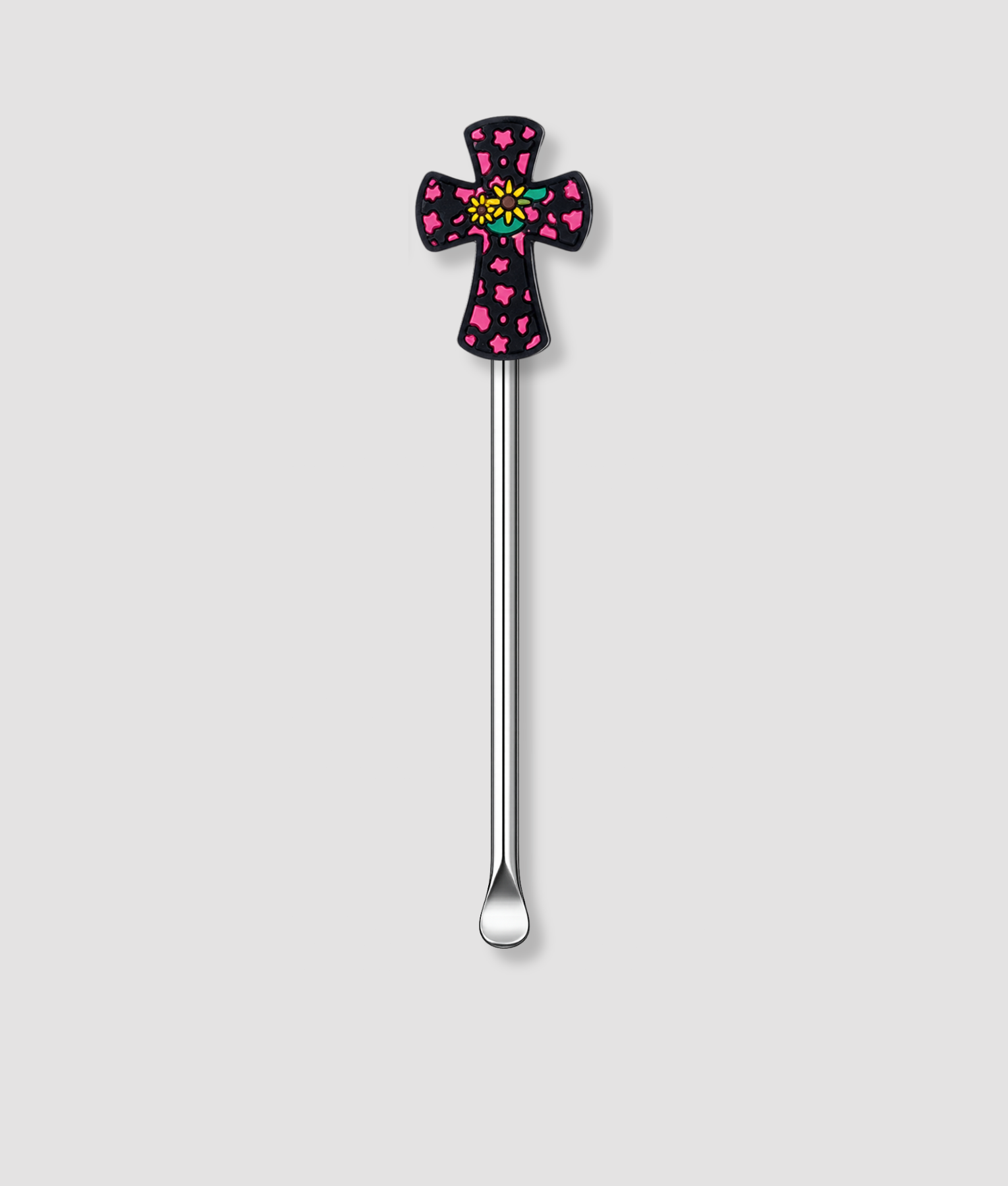 Zilveren mini schepje met zwart-roze kruis figuur bovenop