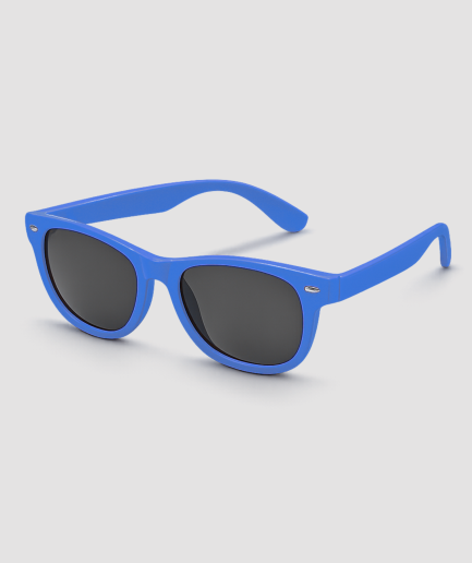Blauwe retro partybril met zwarte glazen wayfarer stijl