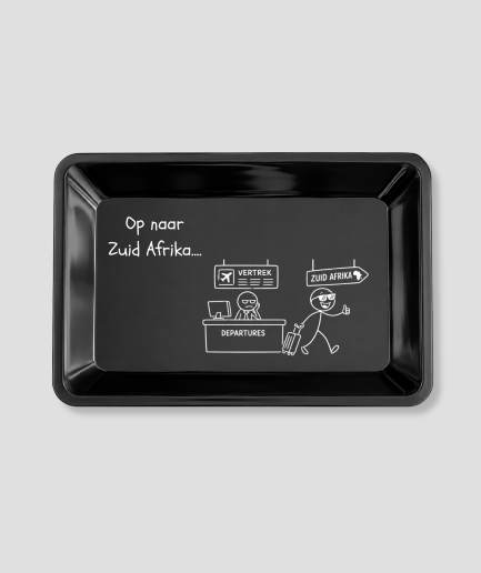 Rolling tray met tekst "Op naar Zuid-Afrika"
