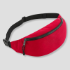 Close-up productfoto van een rood buideltasje met rits en verstelbaar band op witte achtergrond