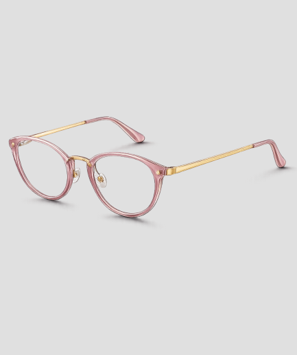 Roze transparante cat-eye bril met doorzichtig roze acetaat montuur goudkleurig metalen frame doorzichtige glazen en roze pootjes