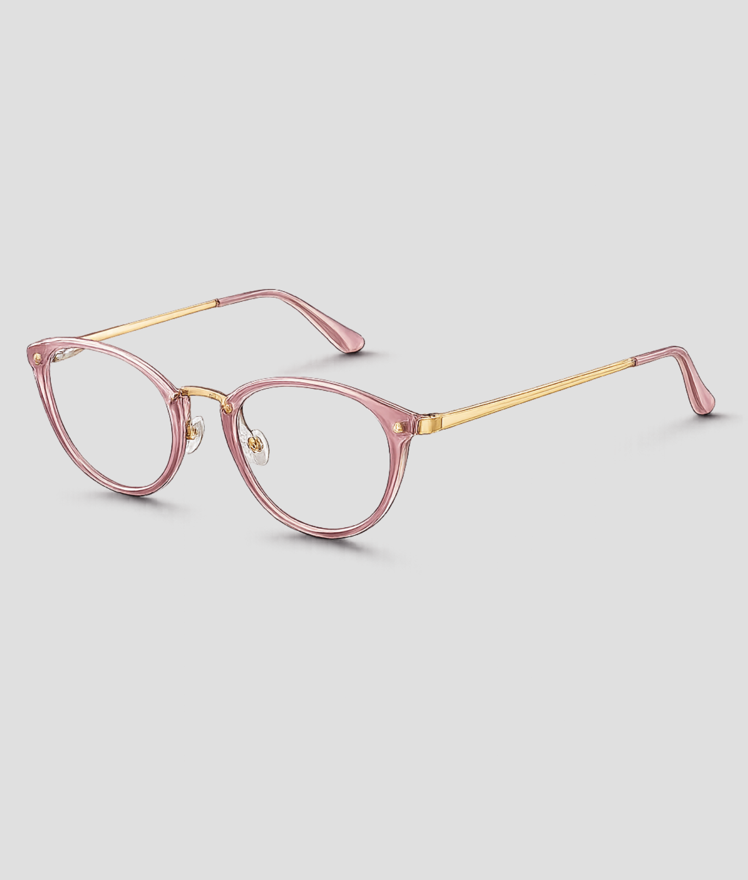 Roze transparante cat-eye bril met doorzichtig roze acetaat montuur goudkleurig metalen frame doorzichtige glazen en roze pootjes