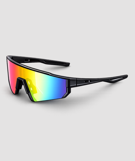 Sportzonnebril met regenboog lenzen en zwart montuur