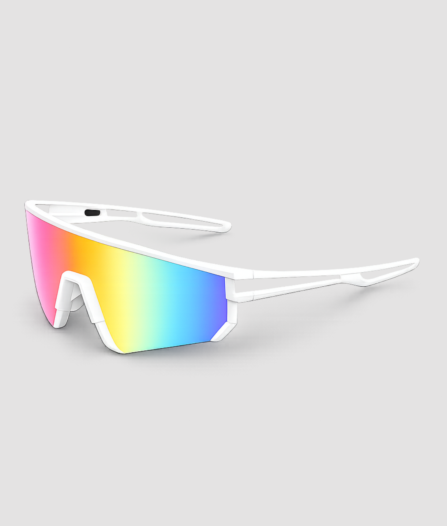 Witte sportzonnebril met regenboog lenzen – stijlvolle sportbril met wit frame en kleurrijke regenboog glazen, ideaal voor hardlopen, fietsen en buitensporten. Opvallende vrolijke uitstraling met UV-bescherming.