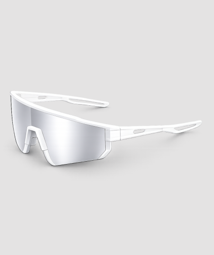 Witte sportzonnebril met zilveren spiegellenzen – stijlvolle sportbril met wit frame en reflecterende zilveren glazen, ideaal voor hardlopen, fietsen en buitensporten. Moderne uitstraling met optimale UV-bescherming.