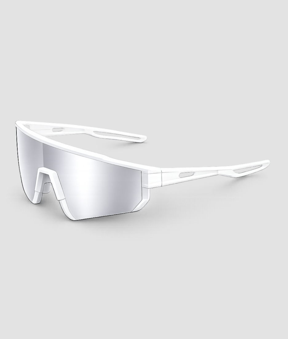 Witte sportzonnebril met zilveren spiegellenzen – stijlvolle sportbril met wit frame en reflecterende zilveren glazen, ideaal voor hardlopen, fietsen en buitensporten. Moderne uitstraling met optimale UV-bescherming.