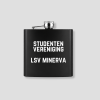 Zwarte zakfles met STUDENTEN VERENIGING LSV MINERVA tekst als voorbeeld van gepersonaliseerde zakfles met eigen tekst