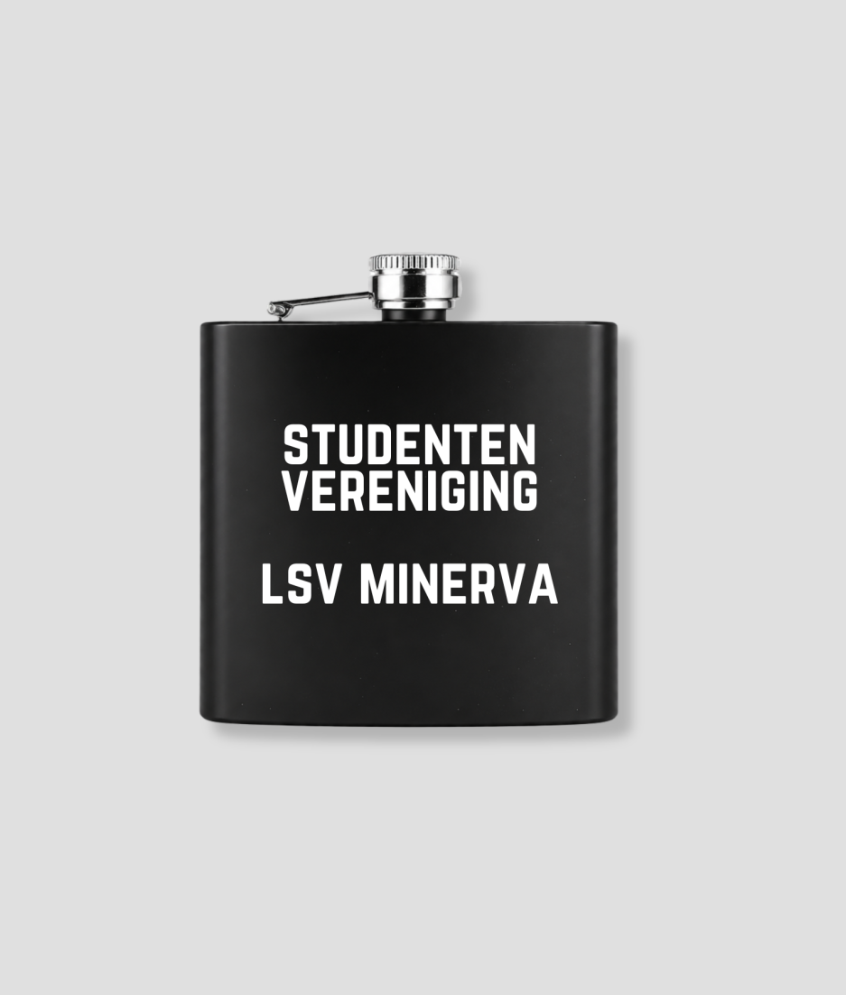 Zwarte zakfles met STUDENTEN VERENIGING LSV MINERVA tekst als voorbeeld van gepersonaliseerde zakfles met eigen tekst