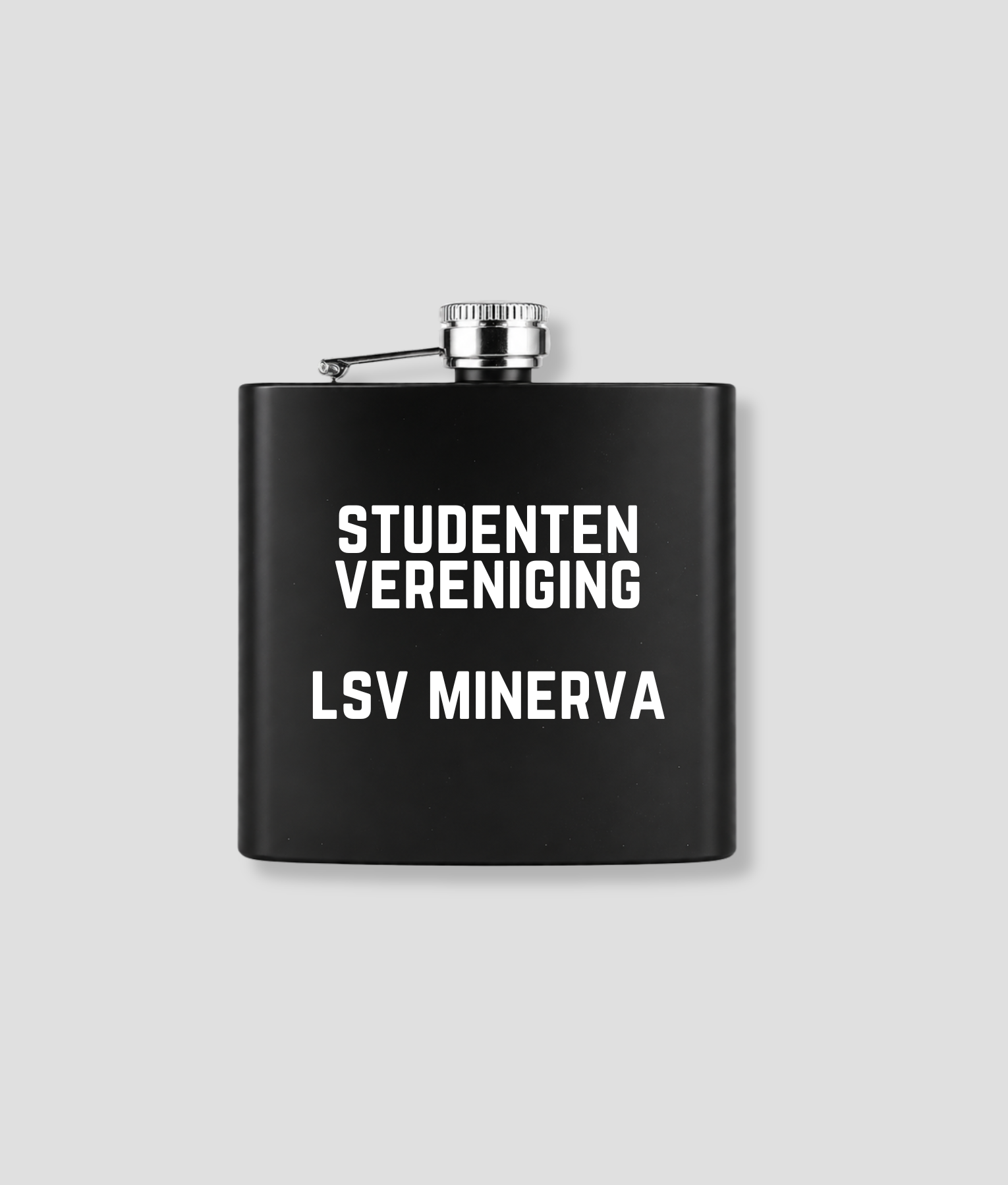 Zwarte zakfles met STUDENTEN VERENIGING LSV MINERVA tekst als voorbeeld van gepersonaliseerde zakfles met eigen tekst