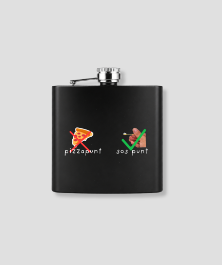 Zwarte zakfles met pizzapunt doorgestreept en sos punt groen vinkje illustraties, grappig wintersport après-ski cadeau Beter dan zomervakantie