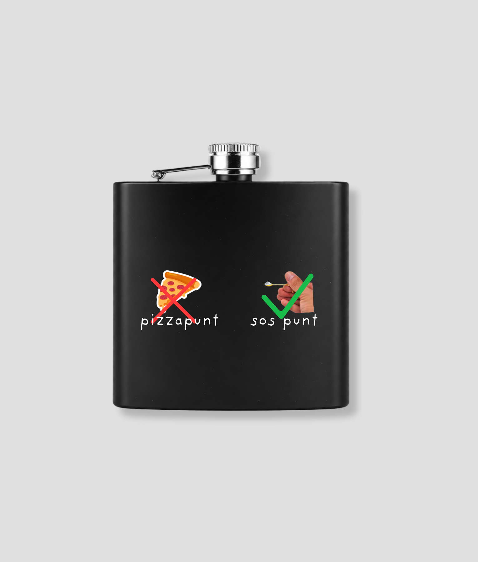 Zwarte zakfles met pizzapunt doorgestreept en sos punt groen vinkje illustraties, grappig wintersport après-ski cadeau Beter dan zomervakantie
