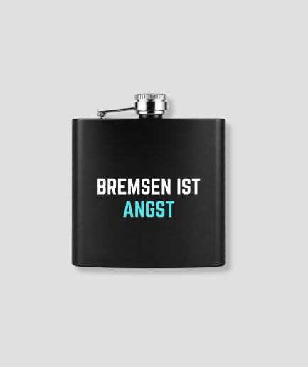Zwarte zakfles met BREMSEN IST ANGST tekst in wit en cyaanblauw voor grappig Duits wintersport après-ski cadeau