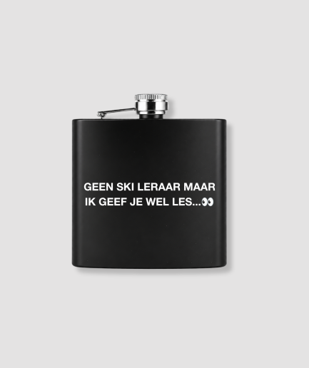 Zwarte zakfles met eigen tekst bedrukking