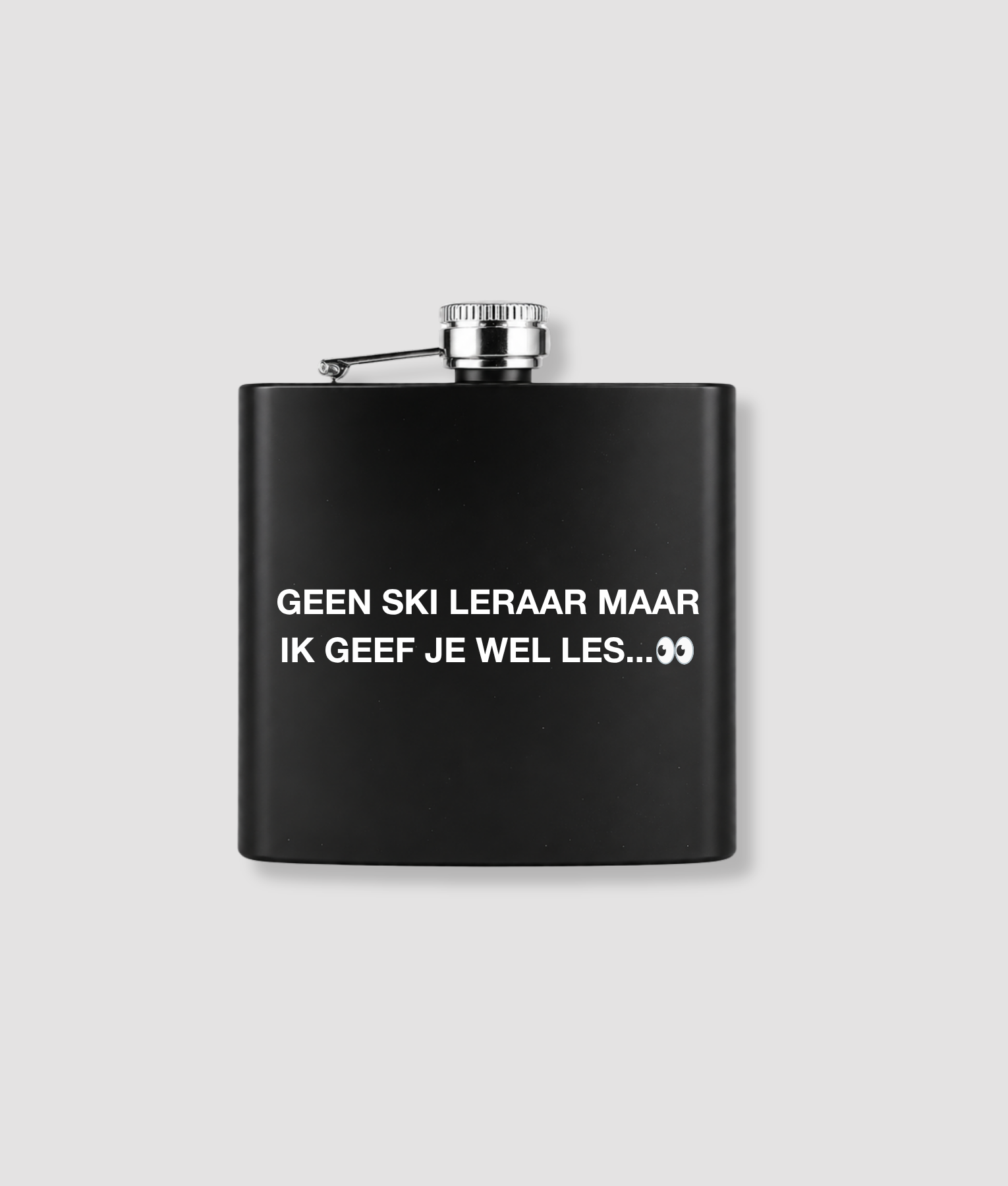 Zwarte zakfles met eigen tekst bedrukking