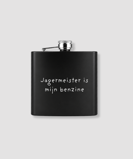 Zwarte zakfles met eigen tekst bedrukking