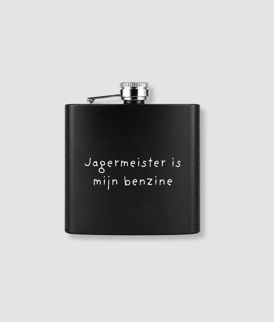 Zwarte zakfles met eigen tekst bedrukking