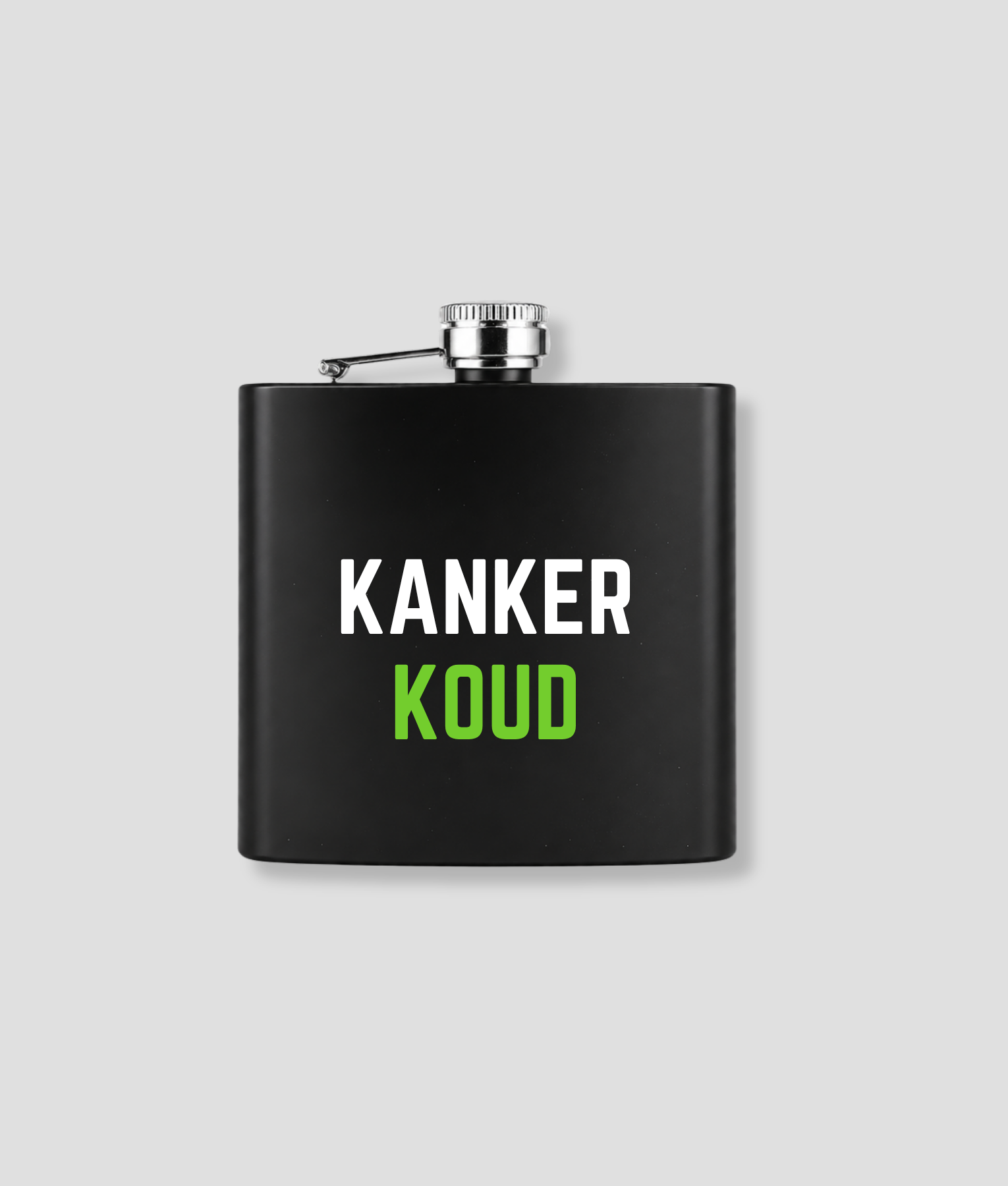 Zwarte zakfles met KANKER KOUD tekst in wit en neongroen voor wintersport après-ski thema