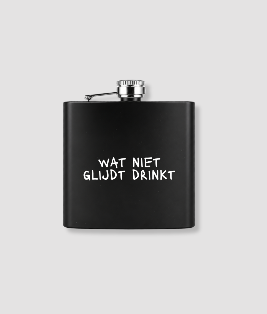 Zwarte zakfles met witte tekst bedrukking Wat niet glijdt drinkt