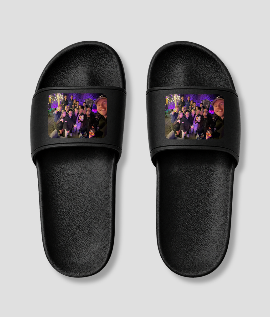 Zwarte platte badslippers met custom foto bedrukt, extra weergave