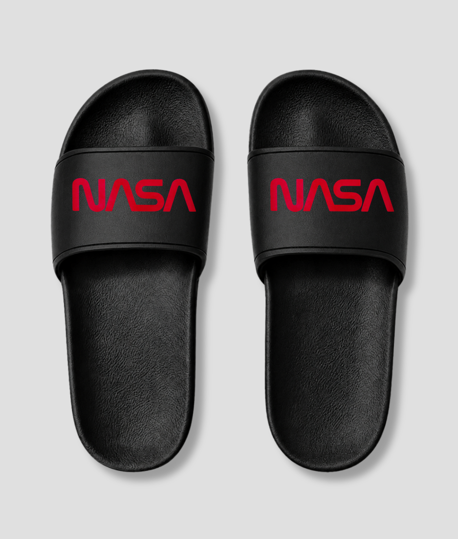 Zwarte platte badslippers met custom foto bedrukt, extra weergave