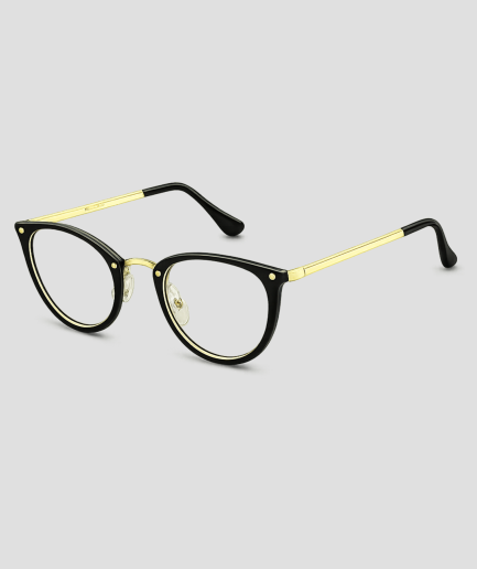 Zwarte cat-eye bril met goudkleurig metalen montuur doorzichtige glazen en zwarte pootjes met gouden accenten