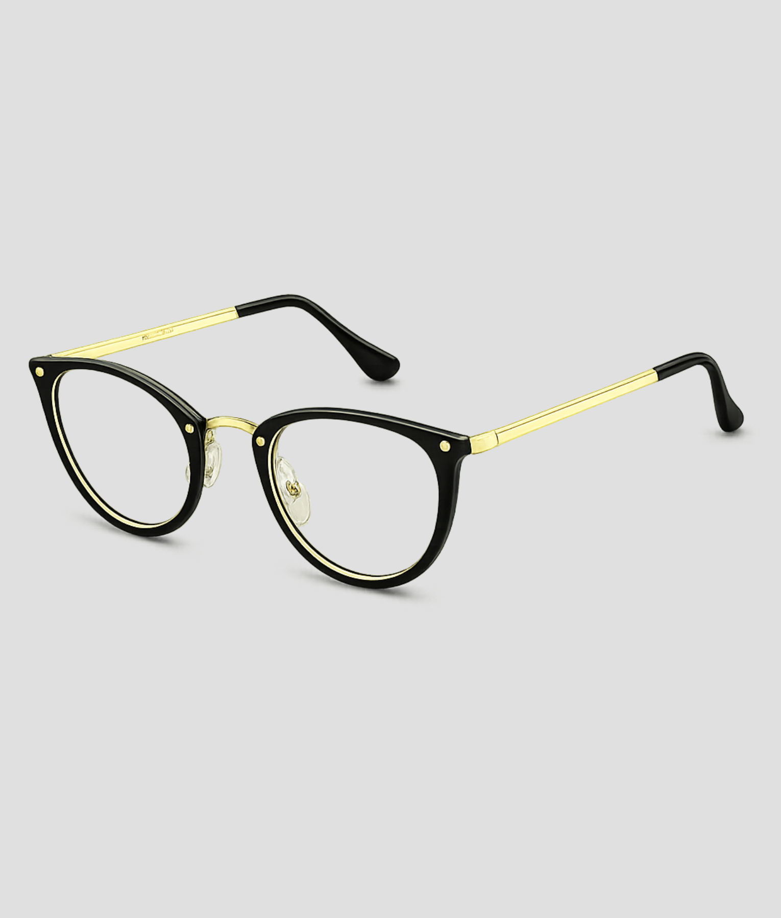Zwarte cat-eye bril met goudkleurig metalen montuur doorzichtige glazen en zwarte pootjes met gouden accenten