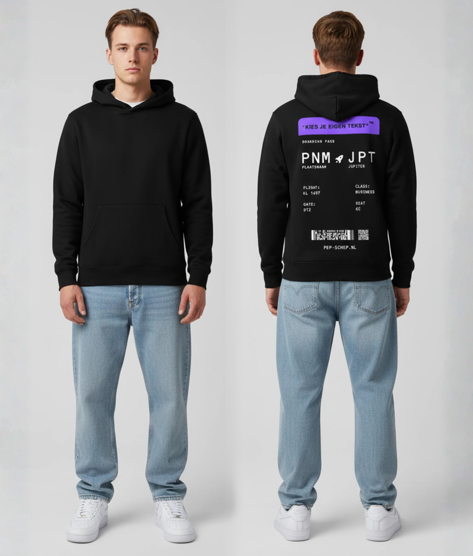 Zwarte hoodie met paarse boarding pass opdruk