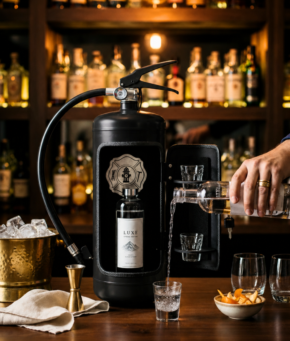 Sfeervolle barfoto van zwarte brandblusser bar cadeau met luxe fles drank en shotglaasjes in een whiskybar omgeving