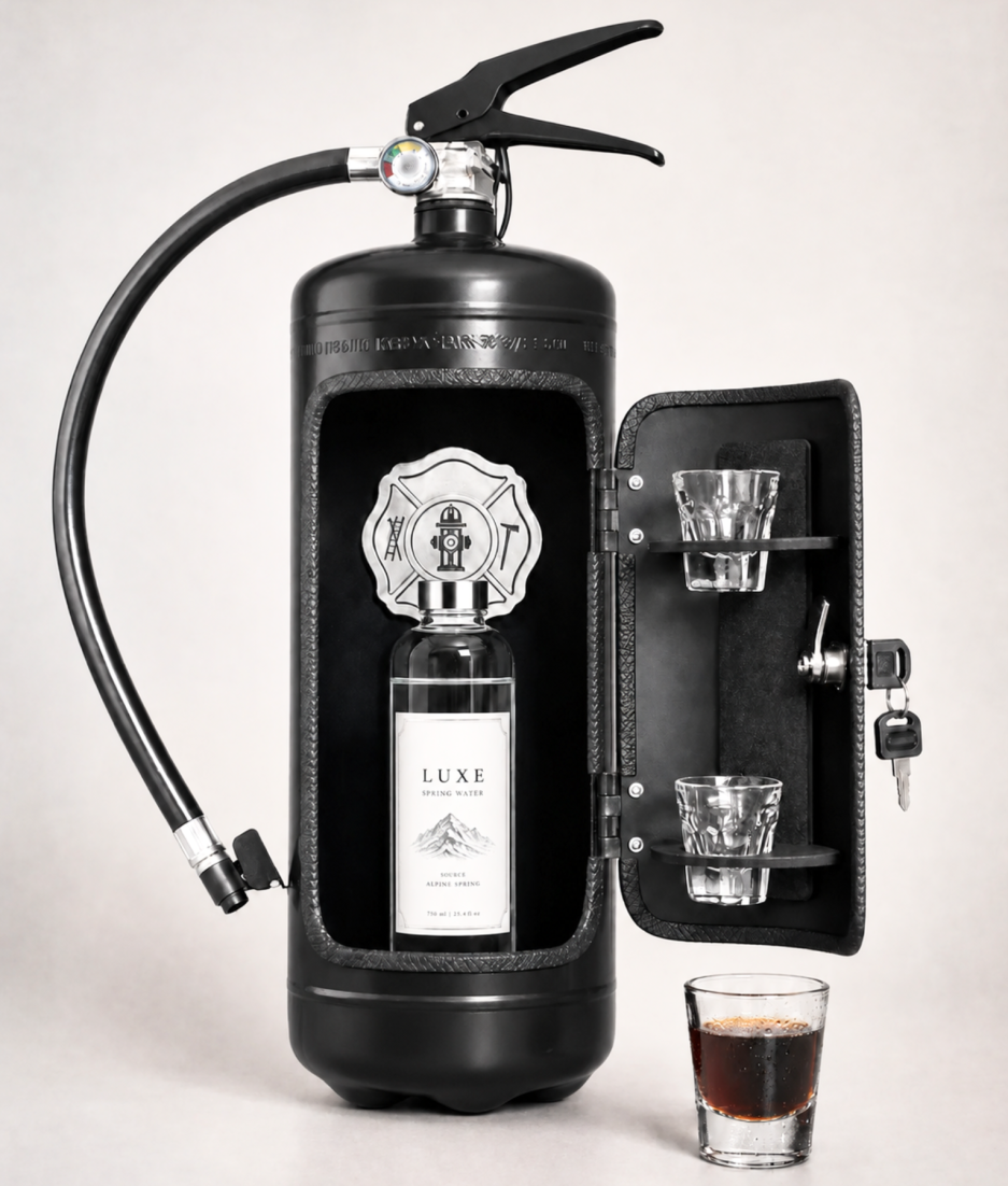 Zwarte brandblusser bar cadeau met open deurtje met shotglaasjes erin, een luxe fles drank en sleutel als uniek cadeau-item