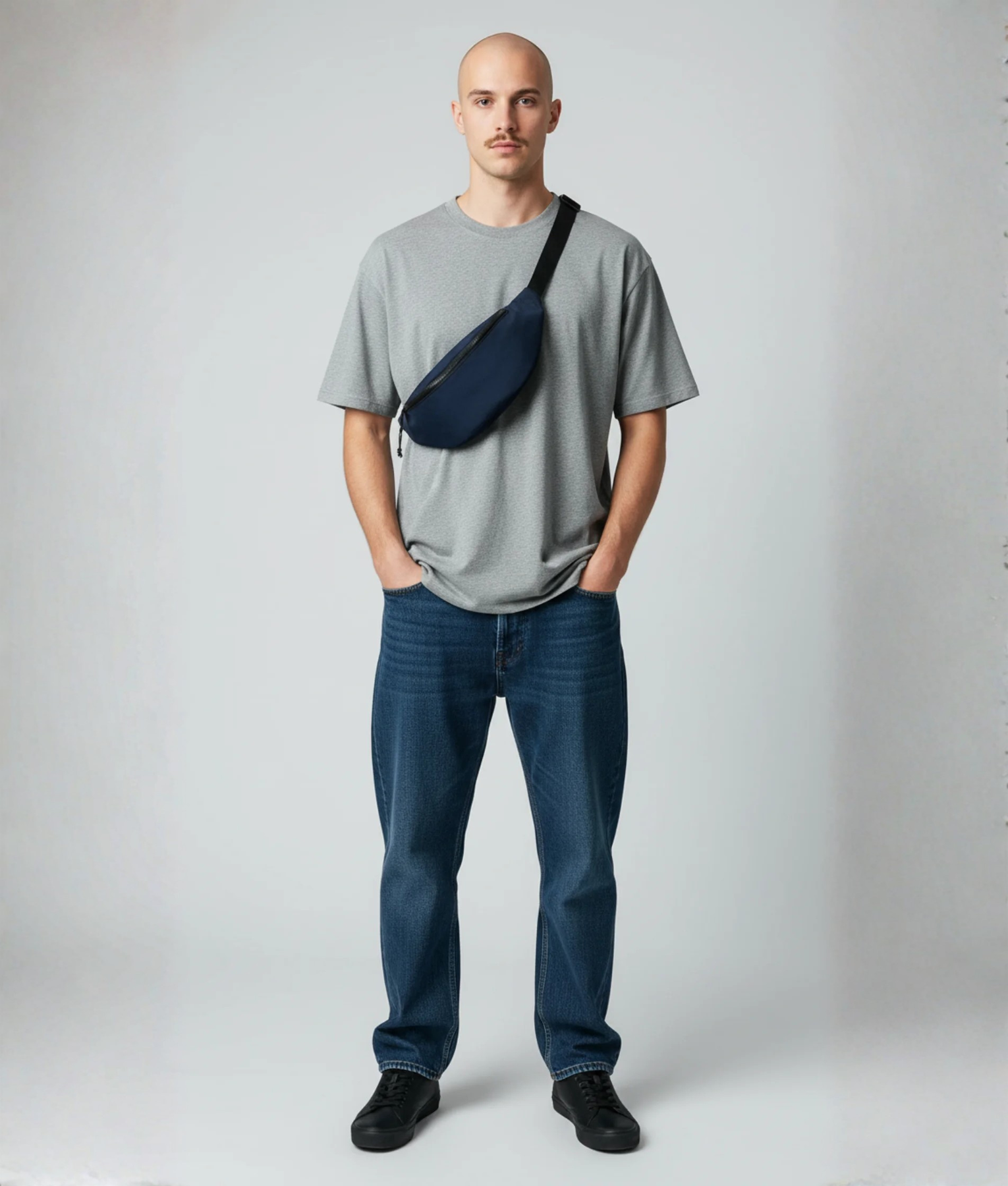 Blauwe fannypack heuptasje gedragen over een grijs T-shirt