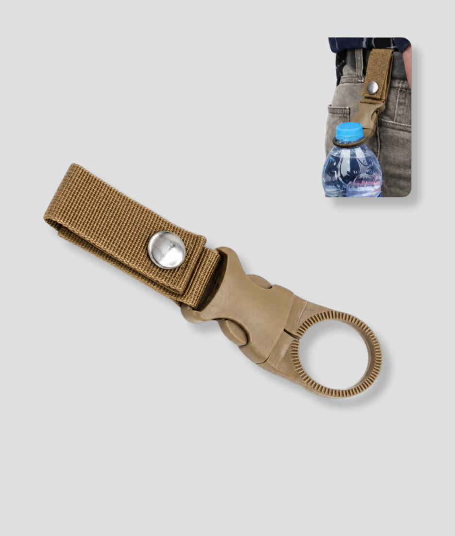 Beige flessenhouder met riemclip en zwart kunststof slot