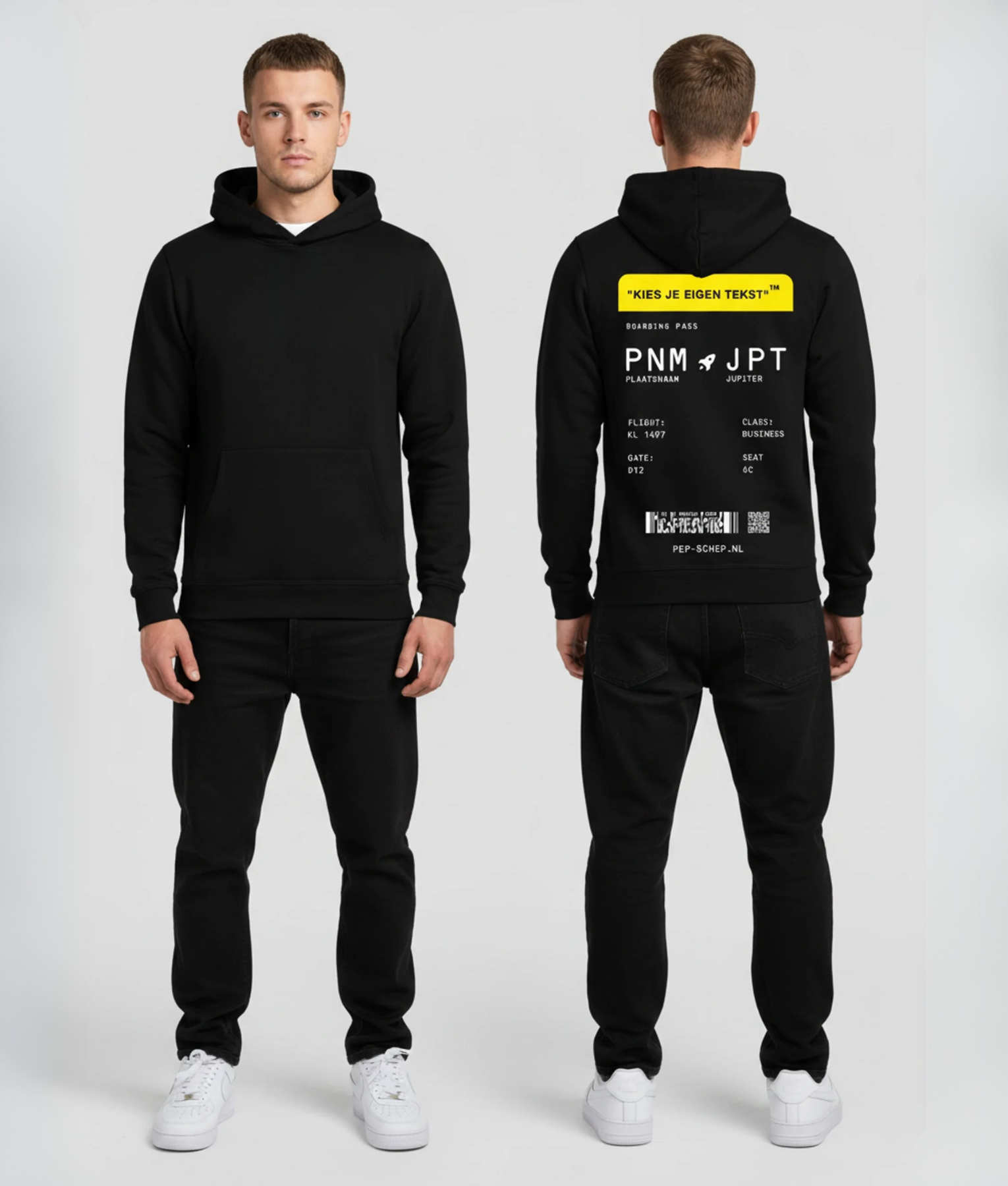 Gele hoodie met boarding pass opdruk