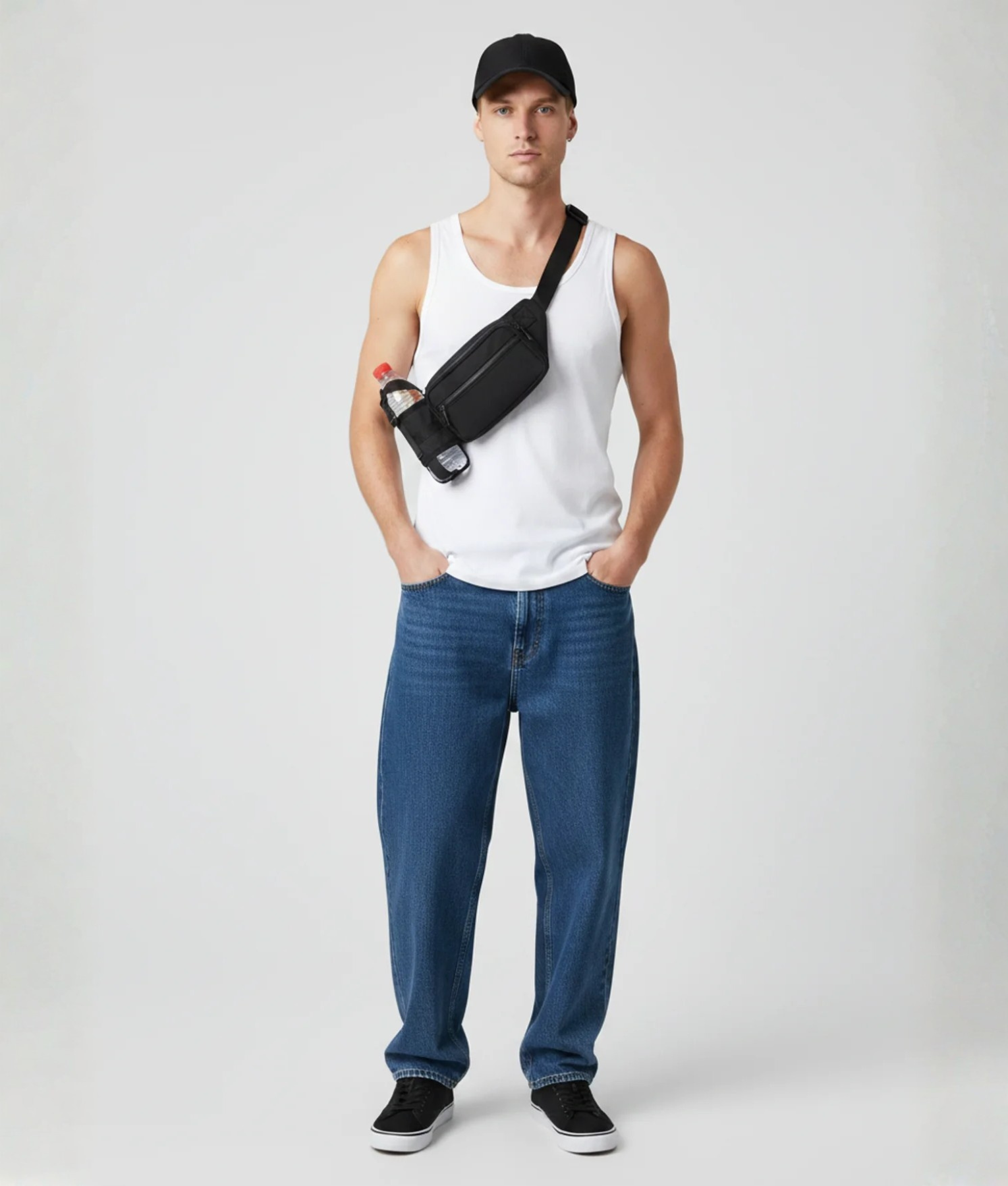 Man met zwarte crossbody fanny pack met flesje, wit tanktopje en zwarte pet