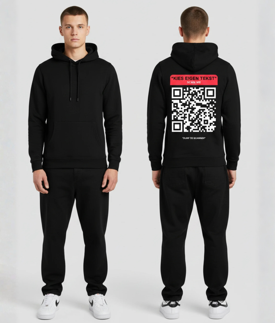 Zwarte hoodie met rode QR code opdruk