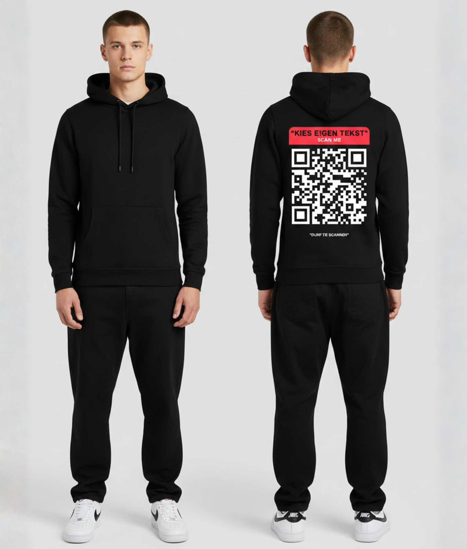 Zwarte hoodie met rode QR code opdruk