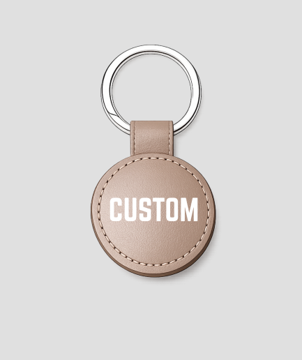 Rosé gouden ronde leren sleutelhanger, voorbeeldtekst 'CUSTOM'