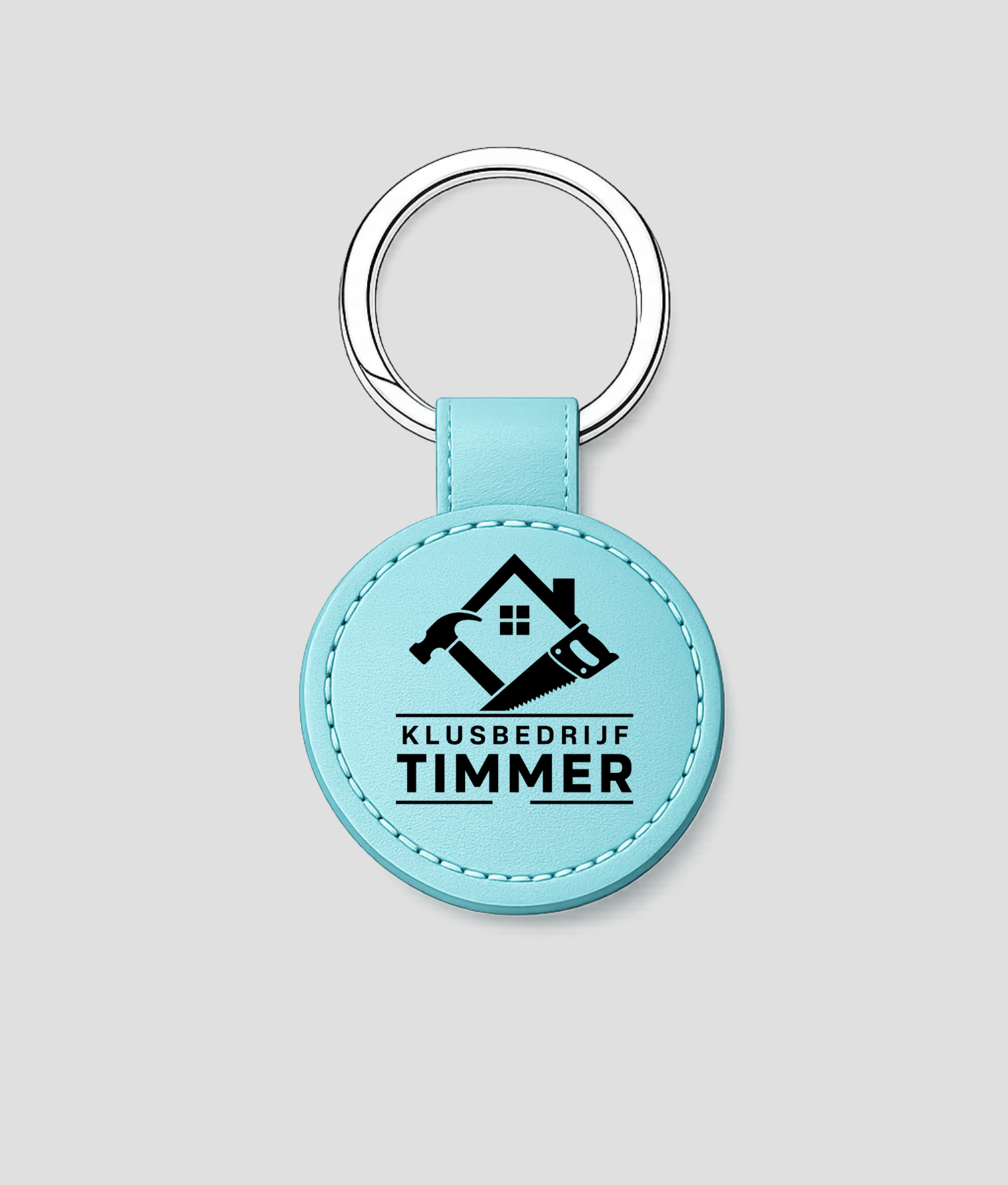 Turquoise ronde leren sleutelhanger met eigen bedrijfslogo