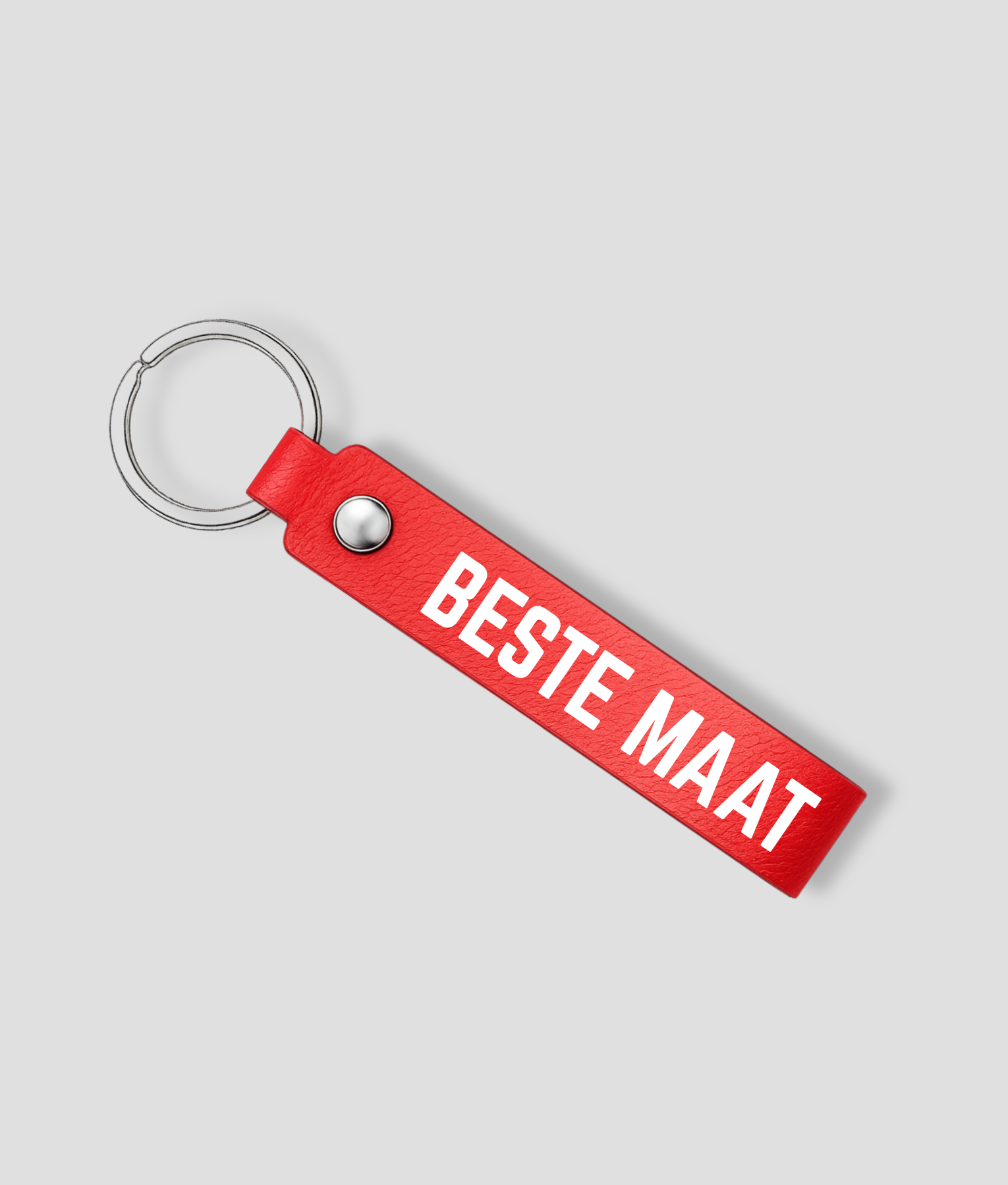 Rode leren sleutelhanger met zilveren ring en tekst 'BESTE MAAT'