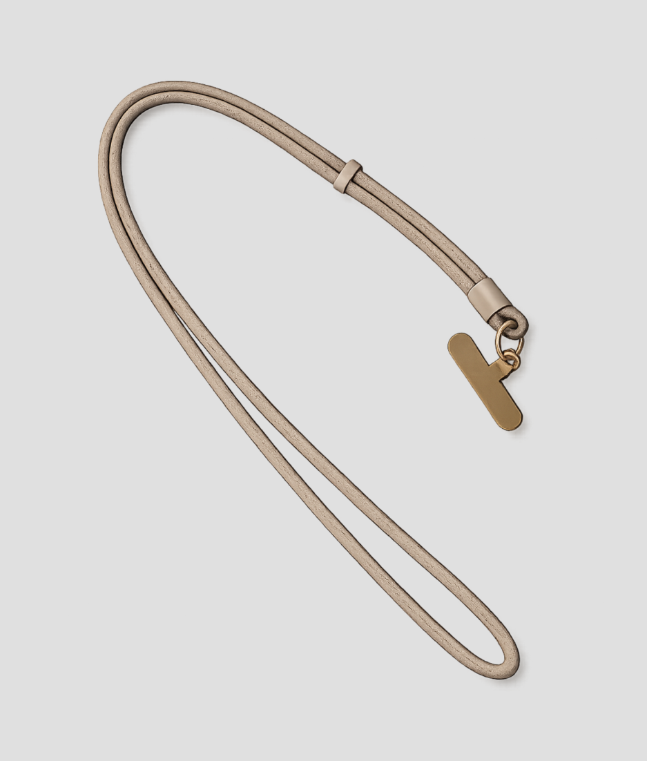 Beige telefoonkoord van extra stevig nylon met telefoonhouder