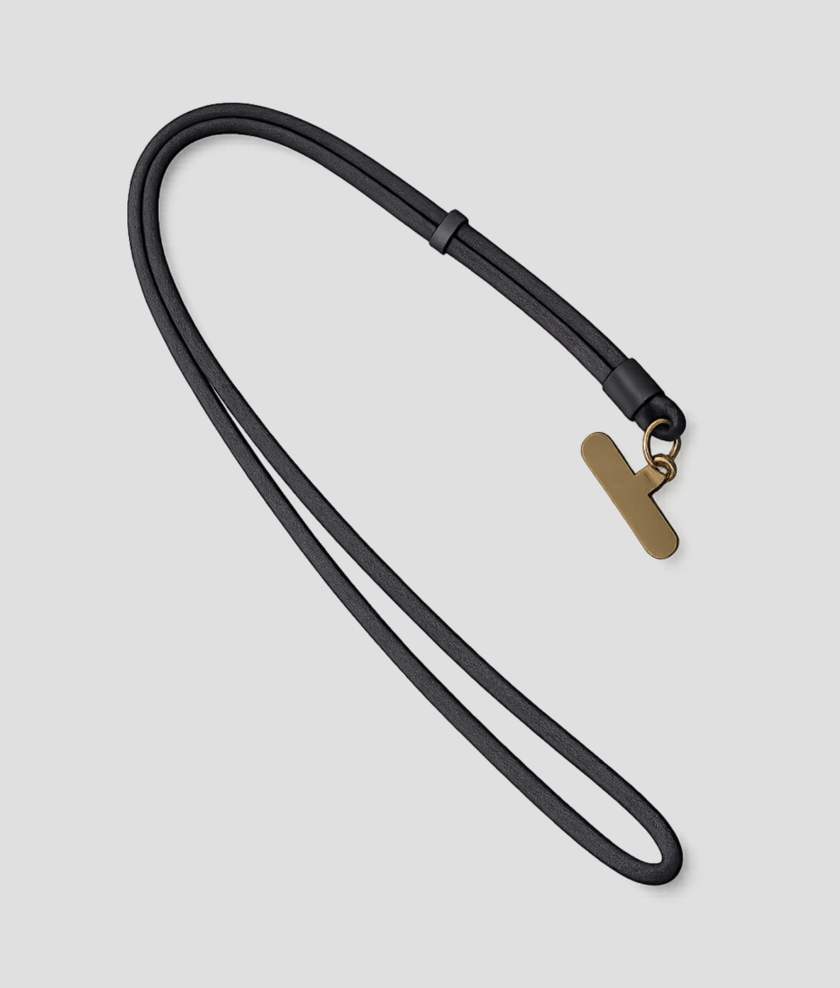 Zwart telefoonkoord van extra stevig nylon met telefoonhouder