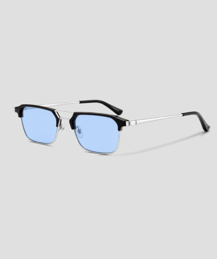 Zilveren festival techno bril met browline montuur en blauwe glazen