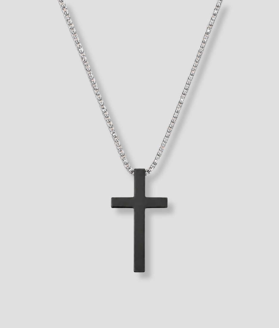 Zilverkleurige ketting met zwart kruishanger voor heren