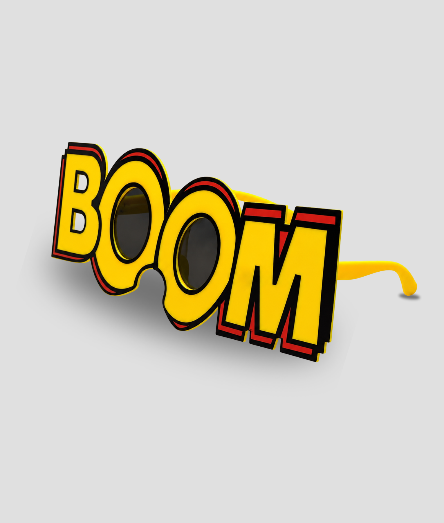 Gele feestbril in de vorm van het woord BOOM in comicstijl