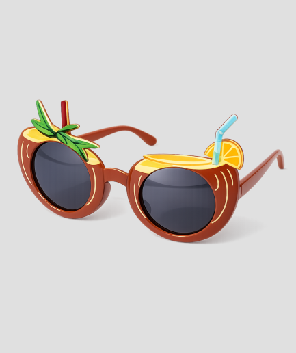 Bruine zonnebril in de vorm van een kokosnoot met cocktail decoratie