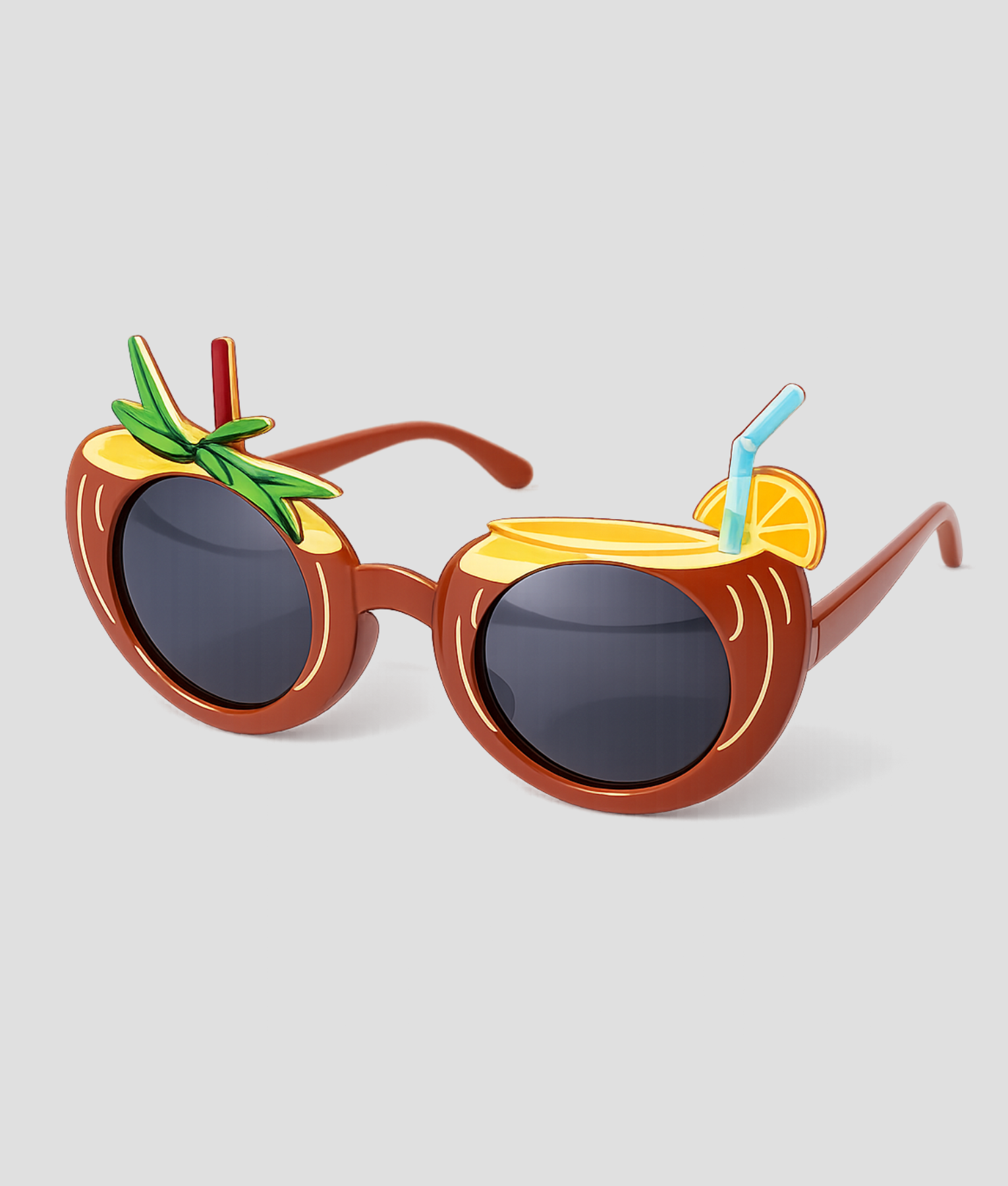 Bruine zonnebril in de vorm van een kokosnoot met cocktail decoratie