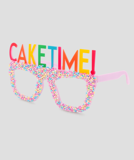 Feestbril met confetti-print en tekst 'Caketime' erboven